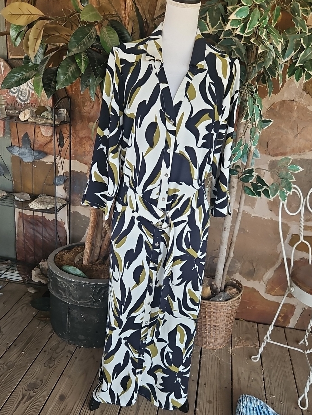 Long Button-Front Women’s Dress in White, Black & Olive